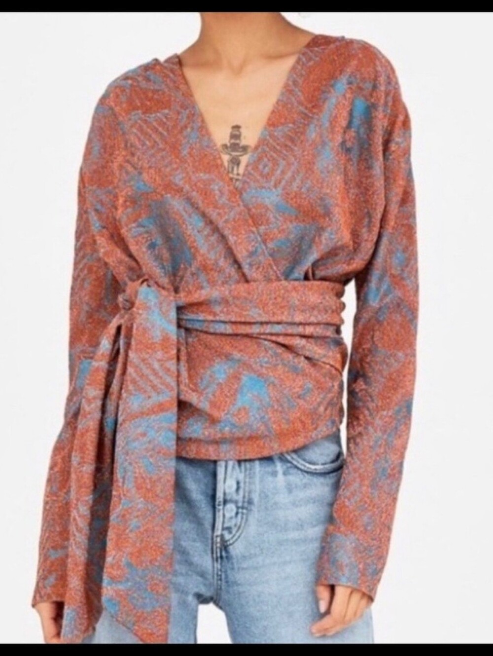 Zara Metallic Rust and Teal Wrap Blouse with Side Tie Size S